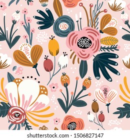 Seamless pattern with flowers, berries and  leaves. Creative floral texture. Great for fabric, textile Vector Illustration