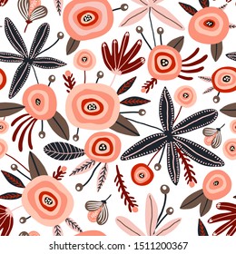 Seamless pattern with flowers, berries and leaves. Creative floral texture. Great for fabric, textile Vector Illustration