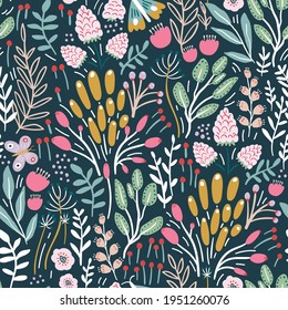 Seamless pattern with flowers, berries and leaves, butterflies. Creative hight detailed floral texture. Great for fabric, textile Vector Illustration