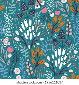 Seamless pattern with flowers, berries and leaves, butterflies. Creative hight detailed floral texture. Great for fabric, textile Vector Illustration