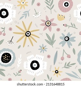 Seamless pattern with flowers, berries and leaves. Great for fabric or wrapping paper. Vector illustration