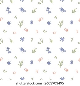 seamless pattern with flowers and berries. leawes and blue flowers. vector hand drawn illustration
