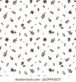 padrão sem costura com flores e bagas. folhas e flores azuis. vetor mão desenhada ilustração