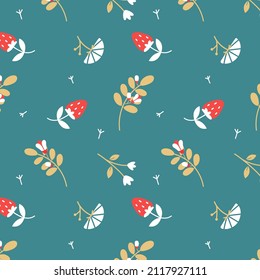 Seamless pattern with flowers and berries on a dark background. The vector image is suitable for textiles, wallpapers, gift wrapping.