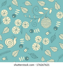 Seamless pattern with flowers, berries and snails. Vector illustration. 