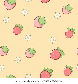 Seamless pattern with flowers and berries of strawberries in kawaii style, vector illustration