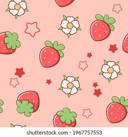 Seamless pattern with flowers and berries of strawberries in kawaii style, vector illustration