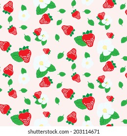 seamless pattern of flowers and berries strawberries on a light pink background
