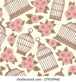 Seamless pattern with flowers and bird cages. 