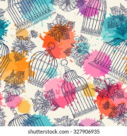 Seamless pattern with flowers and bird cages. Dahlias. Freehand drawing.