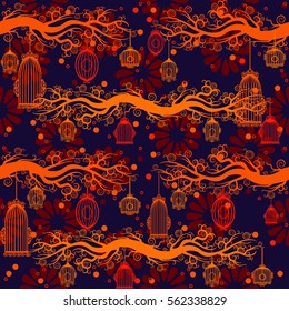 Seamless Pattern with  flowers, bird empty cages. Stylish Background. Texture for holiday cards, wedding invitations, design wallpaper, pattern fills, web page, banner, flyer. Vector illustration.