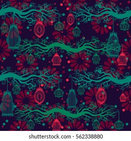Seamless Pattern with  flowers, bird empty cages. Stylish Background. Texture for holiday cards, wedding invitations, design wallpaper, pattern fills, web page, banner, flyer. Vector illustration.