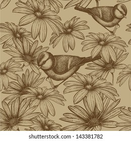 Seamless pattern with flowers and bird titmouse. Vector illustration.