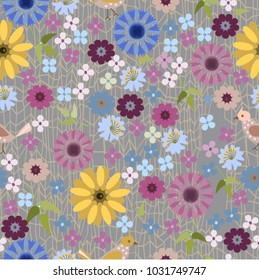 Seamless pattern with flowers and birds