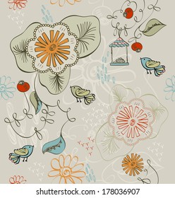 seamless pattern with flowers and birds .