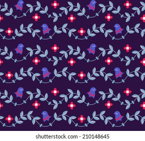 Seamless pattern with flowers and birds.