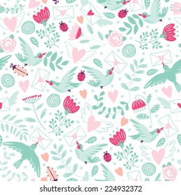 Seamless pattern with flowers and birds.