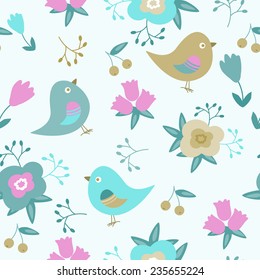 Seamless pattern with flowers and birds