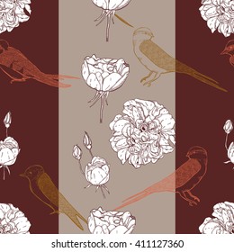 Seamless pattern with flowers and birds