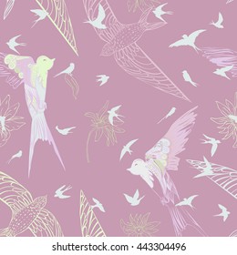 Seamless pattern with flowers and birds