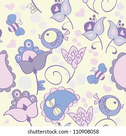 Seamless pattern with flowers birds and bee