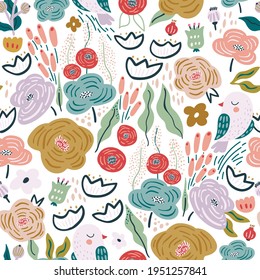 Seamless pattern with flowers, birds, berries and leaves. Creative floral texture. Great for fabric, textile Vector Illustration