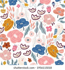 Seamless pattern with flowers, birds, berries and leaves. Creative floral texture. Great for fabric, textile Vector Illustration