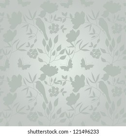 Seamless  pattern with flowers, birds and butterflies