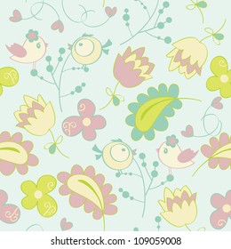 Seamless pattern with flowers and birds. Cute seamless.