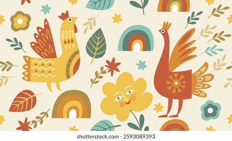 Seamless pattern with flowers and birds, decorative floral style