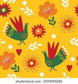 Seamless pattern with flowers and birds, decorative floral style