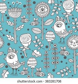 Seamless pattern with flowers and birds. Decorative vector background.