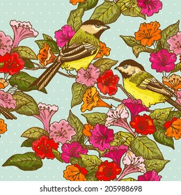 Patrón sin foco - Flores y aves - para diseño y scrapbook en vector