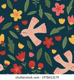 Seamless pattern with  flowers and birds. Doodle illustrations with stylized decorative floral elements. Fabric design with flat colors, for wrapping paper.