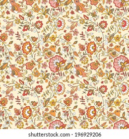 Seamless pattern with flowers and birds. Endless floral pattern.