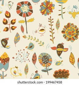 Seamless pattern with flowers and birds. Endless floral pattern.