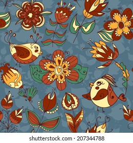 Seamless pattern with flowers and birds. Endless floral pattern.