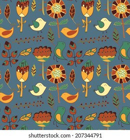 Seamless pattern with flowers and birds. Endless floral pattern.