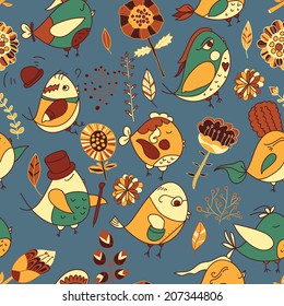 Seamless pattern with flowers and birds. Endless floral pattern.