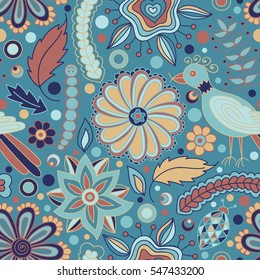 Seamless pattern with flowers and birds. Endless floral pattern, hand-drawn elements on blue background, vector.