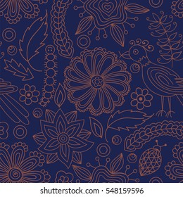 Seamless pattern with flowers and birds. Endless floral pattern, hand-drawn. Perfect for wallpapers, textile print