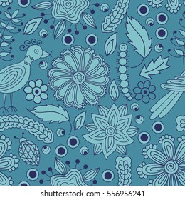 Seamless pattern with flowers and birds. Endless floral pattern, hand-drawn. Perfect for wallpapers, textile print.