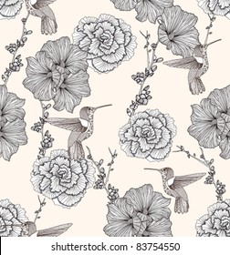 Seamless pattern with flowers and birds. Floral background.