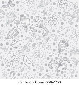 Seamless pattern with flowers and birds in grey colors