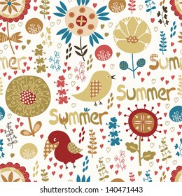 Seamless pattern with flowers, birds and hearts
