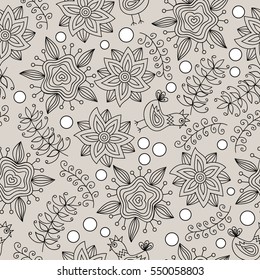 Seamless pattern with flowers, birds and insects. Endless floral pattern, hand-drawn colorful elements on brown background, vector. Elements are not cropped and hidden under mask.