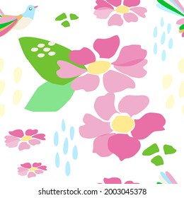 Patrón sin foco de flores, pájaros, hojas, pequeños elementos ovalados de diferentes colores sobre un fondo blanco. Para papel pintado, textiles. telas, banners, sitios web, empaque.