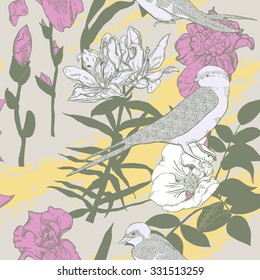 Seamless pattern with flowers and birds, Line Art