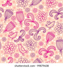 Seamless pattern with flowers and birds in pink colors