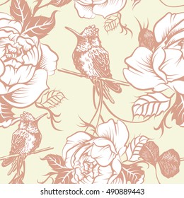 Seamless pattern with flowers and birds. retro